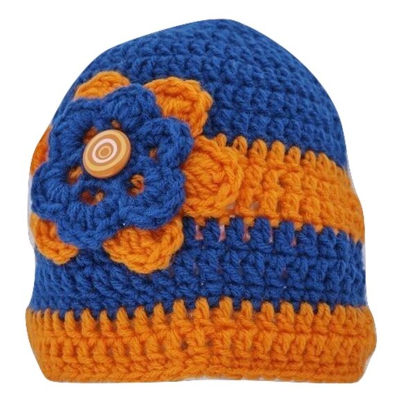 Women’s Homemade Hand Crocheted Orange and Blue Striped Flower Beanie Winter Hat - Picture 2 of 2